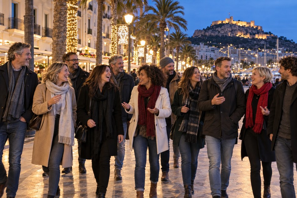 Grupo de amigos singles paseando por Alicante con iluminación navideña