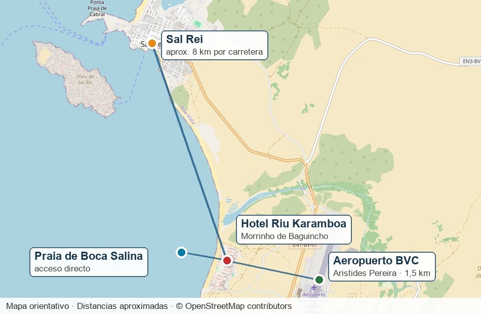 Mapa de ubicación del Hotel Riu Karamboa respecto a Praia de Boca Salina, el aeropuerto de Boa Vista y Sal Rei
