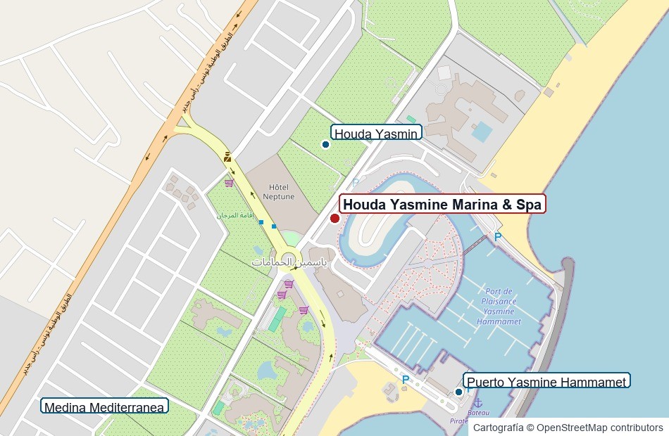 Mapa de ubicación del Houda Yasmine Marina & Spa frente a la marina de Yasmine Hammamet