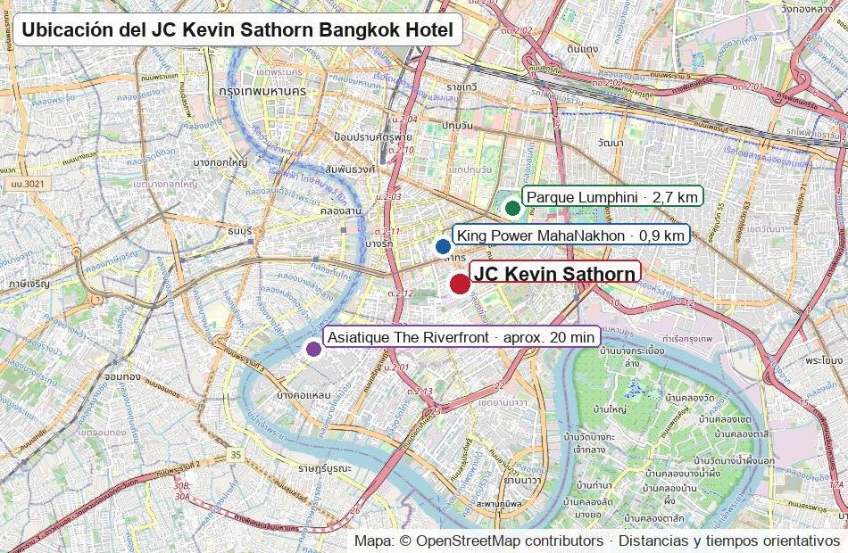 Mapa de ubicación del JC Kevin Sathorn Bangkok Hotel con King Power MahaNakhon, parque Lumphini y Asiatique