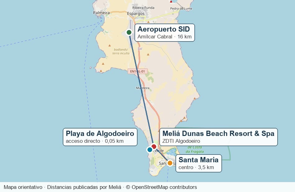 Mapa de ubicación del Meliá Dunas Beach Resort respecto a la playa de Algodoeiro, Santa Maria y el aeropuerto de Sal