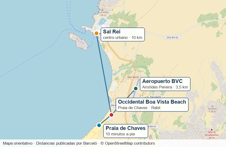 Mapa del Occidental Boa Vista Beach respecto a Praia de Chaves, el aeropuerto de Boa Vista y Sal Rei