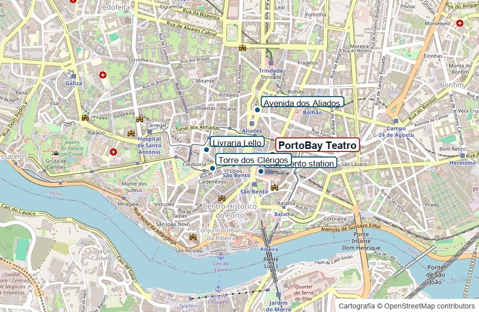 Mapa de ubicación del PortoBay Teatro y puntos de interés del centro histórico de Oporto