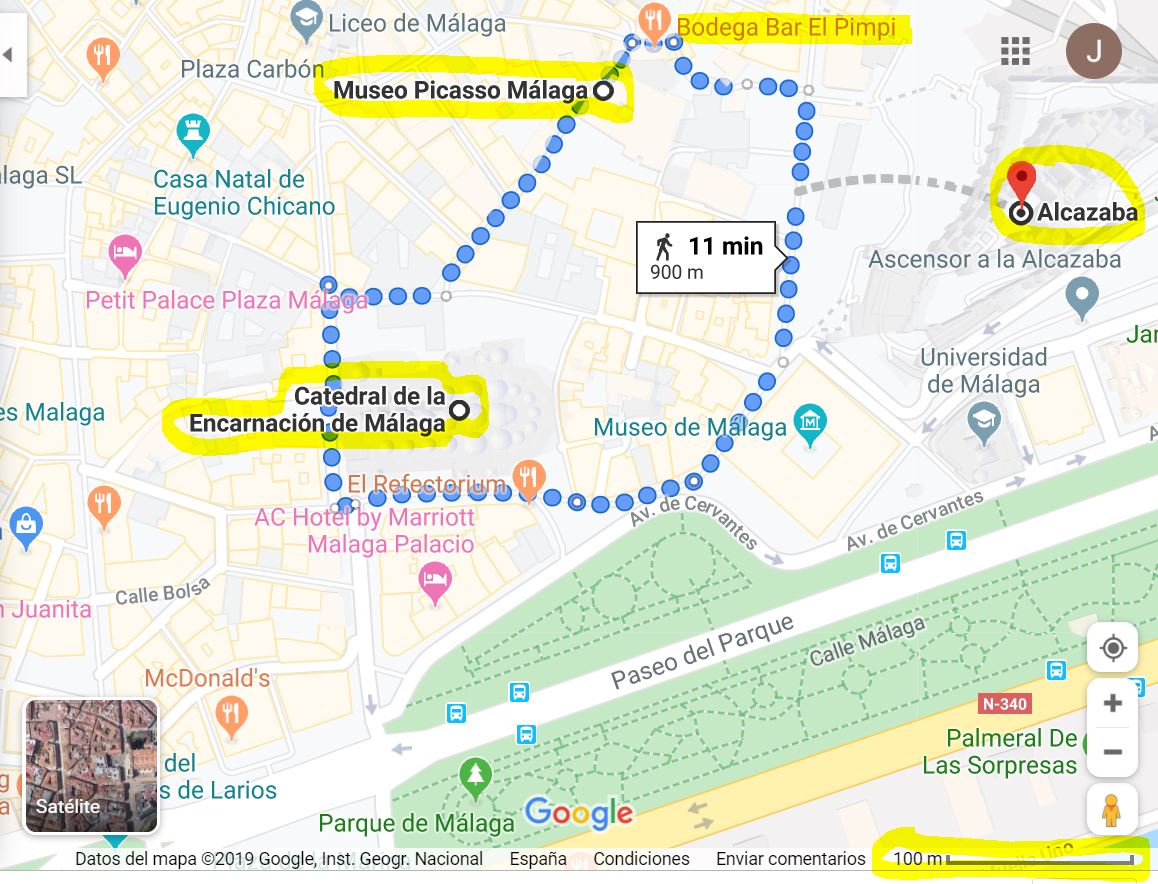 mapa centro histórico de Málaga Museo Picaso Catedral y Alcazaba Vacaciones Singles
