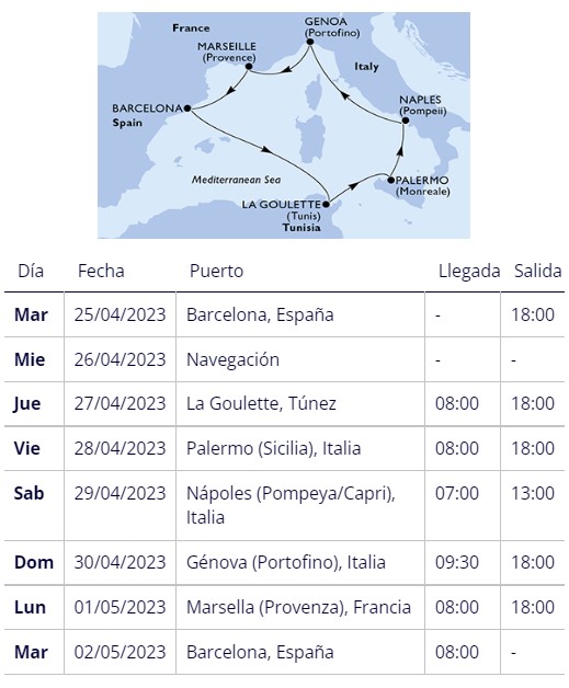 mapa e itinerario crucero Italia Francia y Tunez MSC Grandiosa 25 Abril 2023