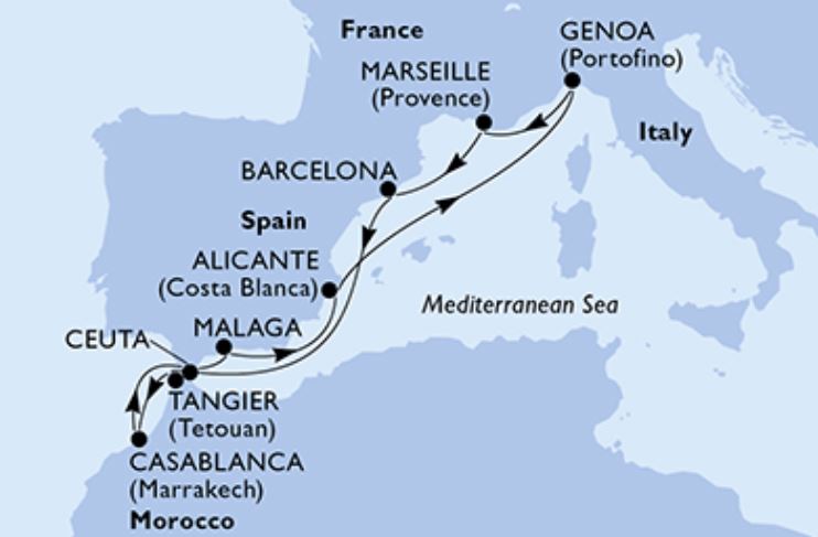 Mapa Itinerario crucero Mediterraneo Italia Francia Marruecos y España Enero 2023