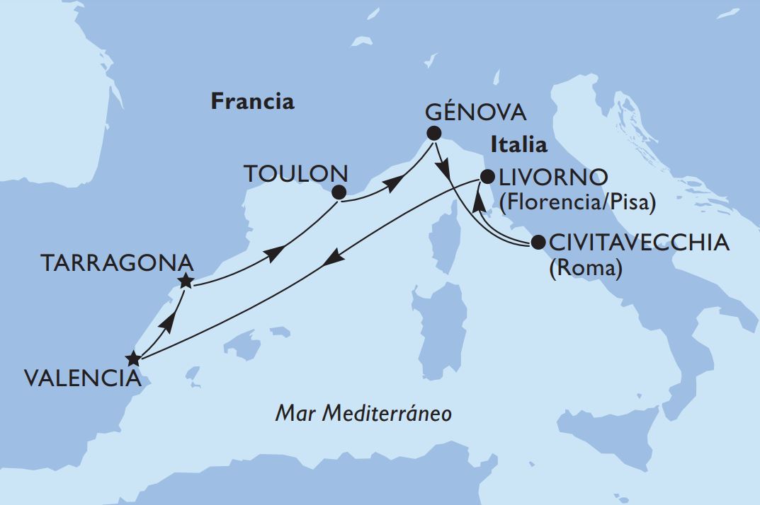 Mapa Itinerario Crucero Mediterraneo desde Valencia MSC MAGNIFICA 2023
