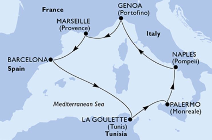 mapa itinerario Crucero Mediterraneo y tunez  MSC GRANDIOSA 2023