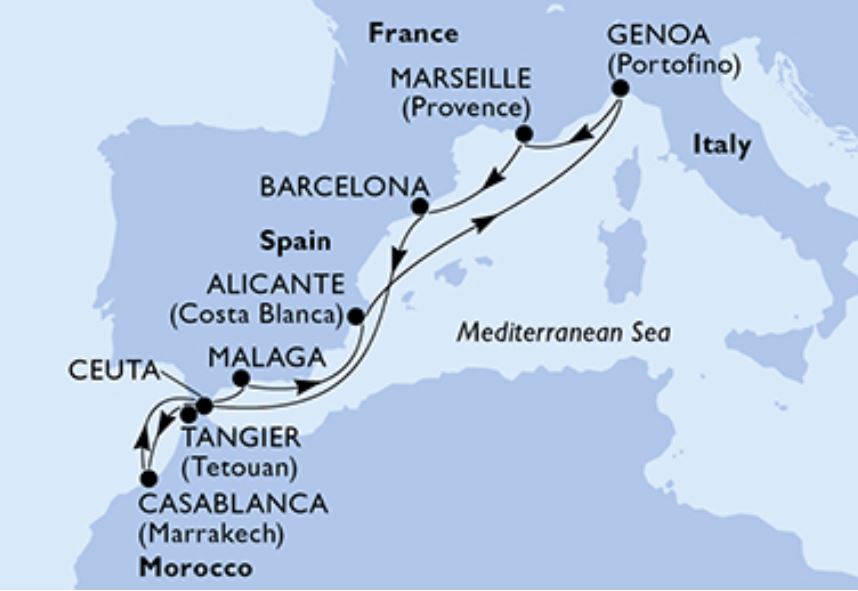 Mapa Itinerario Crucero MSC SINFONIA desde Málaga 16 Marzo 2023