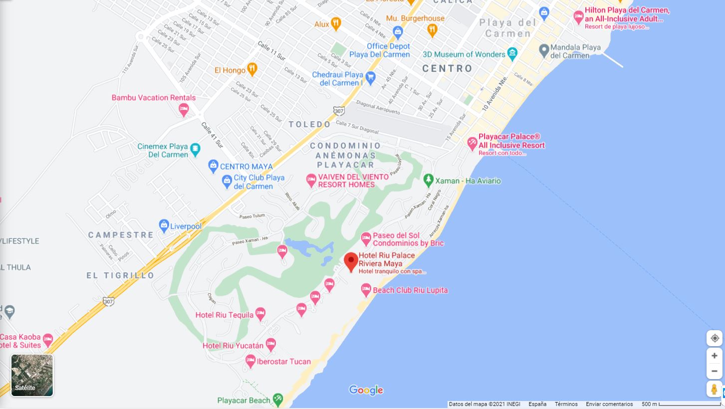 mapa ubicacion como llegar al hotel Riu Palace en Riviera Maya Mexico