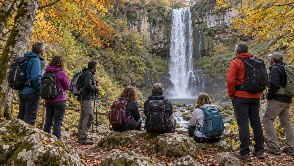 Grupo junto a la Cascada de la Salceda y Ojo Guareña