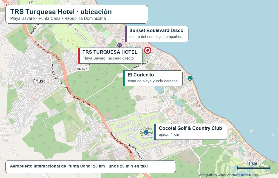 Mapa de ubicación del TRS Turquesa Hotel en Playa Bávaro y puntos de interés cercanos