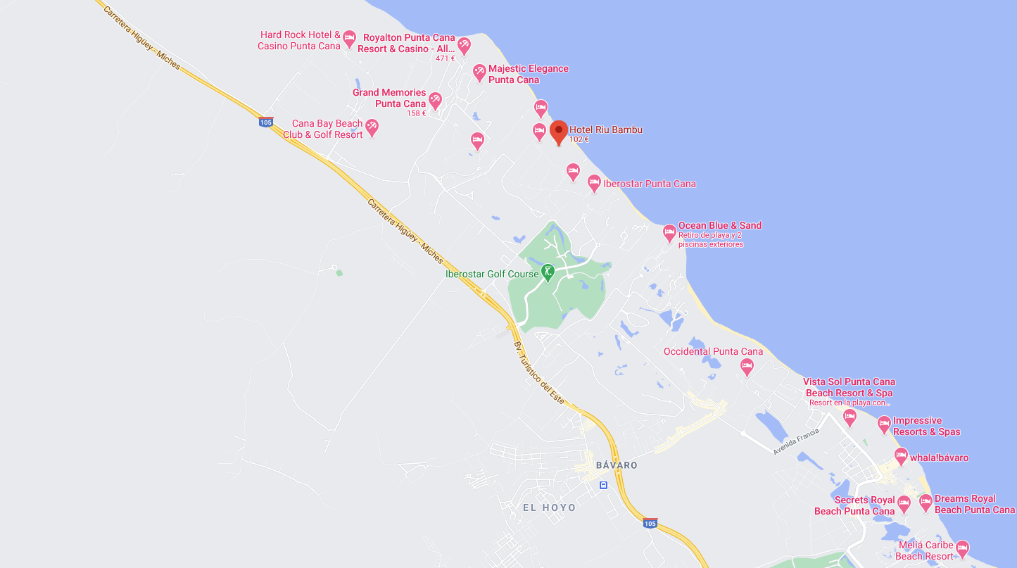Mapa Ubicacion como llegar al Hotel Riu bambu Punta Cana Republica dominicana